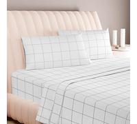 Carressa Linen 100% Egyptian Cotton Queen Sheet Set - 600 Series Hydrangeas Printed Egyptian Cotton Queen Sheets Set (4 PC, White Chex), 16" Deep Pocket Sateen Weave Luxury Hotel Bed Sheet