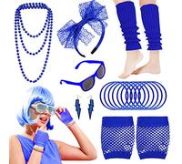 Carreuty 19Pcs Ladies 80s Accessories, Blue 80s Fancy Dress for Women with Lightning Earrings Necklace Fishnet Gloves Headband for Retro Parties Hen Do Parties Adults Blue