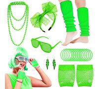 Carreuty 19Pcs Ladies 80s Accessories, Green 80s Fancy Dress for Women with Lightning Earrings Necklace Fishnet Gloves Headband for Retro Parties Hen Do Parties Girls Kids-Green