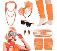 Carreuty 19Pcs Ladies 80s Accessories, Orange 80s Fancy Dress for Women with Lightning Earrings Necklace Fishnet Gloves Headband for Retro Parties Hen Do Parties Girls Kids-Orange