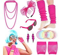 Carreuty 19Pcs Ladies 80s Accessories, Pink 80s Fancy Dress for Women with Lightning Earrings Necklace Fishnet Gloves Headband for Retro Parties Hen Do Parties Girls Kids