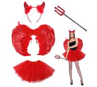 Carreuty 4 Pcs Red Devil Costume for Women, Halloween Angel Wings Fancy Dress Sets with Devil Wings Red Tutu Trident Fork Prop Devil Horns Headband, Halloween Costumes