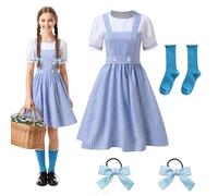 Carreuty 4 Pcs Women Book Storybook Costumes Blue Gingham Dress with Socks Hairbands Halloween Costumes Outfits for Adult