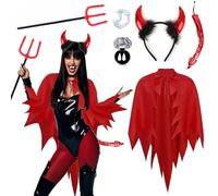 Carreuty 6 Pcs Devil Costume for Women, 142 cm Red Vampire Devil Cape with Devil Horns Magic Wand 2 Dentures Devil Costume Accessories for Halloween Cosplay Party World Book Day