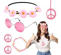 Carreuty 6 Pcs Pink Hippie Costume Accessories Set, 60S 70S Fancy Dressccessories Set for Women, Sunglasses Flower Headband Peace Sign Necklace Earrings Bracelets for World Book Day Funny Dress up