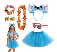 Carreuty 7 Pcs Blue Dog Fancy Dress Sets for Kids, Sequin Bow Ears Headband Sunglasses Skirt Hawaii Leis Hawaii Headbands Leis Garlands, Fun Fancy Dress Supplies for Girls Boys Trips Party Cosplay