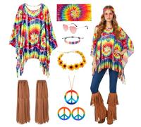 Carreuty 70s Hippie Costumes Women Fancy Dress, Boho 60s 70s Costume Accessories 60s Retro Festival Outfit Fringe Leg Covers Peace Necklace Earrings Sunglasses Hand Rope Retro Disco Fancy Dress