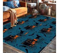 Carriage Area Rug, Halloween Vintage Horse Bat Halloween Black Non-Slip Backing Aesthetic Rectangle Home Floor Carpet Rugs for Living Room Bedroom Dining Desk Office Decor 5' X 7'