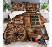Carriage Wheel Single Duvet Rustic Log Cabin Single Quilt 7.5 Tog Lightweight Soft Comforter Set, All Seasons Reversible Coverless Microfiber Duvet with 2 Pillowcases Machine Washable T128