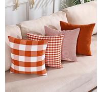 CARRIE HOME Burnt Orange Fall Plaid Throw Pillow Covers 18x18 Set of 4 Buffalo Plaid Fall Decor Autumn Outdoor Decorative Pillows for Porch Garden Office and Living Room