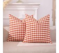 Carrie Home Burnt Orange Gingham Plaid Pillow Covers - Decorative Throw Pillows, 18x18, Set of 2, Buffalo Plaid, Farmhouse Fall Room Decor