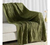 Carriediosa Cable Knit Throw Blanket Soft Textured Lightweight Farmhouse Decorative Throws Summer Knitted Woven Chenille Blankets for Couch Chair Bed Sofa, 60" X 80" Twin Size Olive Green