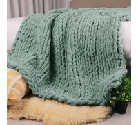 Carriediosa Chunky Knit Throw Blanket 50" X 60", 100% Hand Made Large Chenille Loop Yarn Soft Fluffy Throws for Couch Sofa Bed, Big Crochet Cozy Heavy Thick Cable Woven Blanket, Sage Green