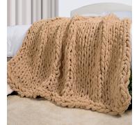 Carriediosa Chunky Knit Throw Blanket 50" X 60", 100% Hand Made Large Chenille Loop Yarn Soft Fluffy Throws for Couch Sofa Bed, Big Crochet Cozy Heavy Thick Cable Woven Blanket, Tan Brown