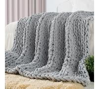 Carriediosa Chunky Knit Throw Blanket 50" X 60", 100% Hand Made Large Chenille Loop Yarn Soft Fluffy Throws for Couch Sofa Bed, Big Crochet Cozy Heavy Thick Cable Woven Blanket, Light Grey