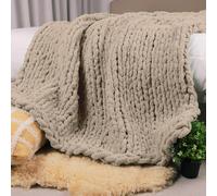 Carriediosa Chunky Knit Throw Blanket 50" X 60", 100% Hand Made Large Chenille Loop Yarn Soft Fluffy Throws for Couch Sofa Bed, Big Crochet Cozy Heavy Thick Cable Woven Blanket, Taupe