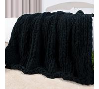 Carriediosa Chunky Knit Throw Blanket 60" X 80" Twin, 100% Hand Made Large Chenille Loop Yarn Soft Fluffy Throws for Couch Sofa Bed, Big Crochet Cozy Heavy Thick Cable Woven Blanket, Black