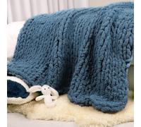 Carriediosa Chunky Knit Throw Blanket 60" X 80" Twin, 100% Hand Made Large Chenille Loop Yarn Soft Fluffy Throws for Couch Sofa Bed, Big Crochet Cozy Heavy Thick Cable Woven Blanket, Lyons Blue
