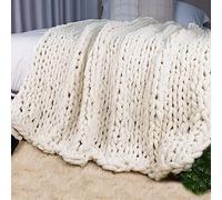 Carriediosa Chunky Knit Throw Blanket 60" X 80" Twin, 100% Hand Made Large Chenille Loop Yarn Soft Fluffy Throws for Couch Sofa Bed, Big Crochet Cozy Heavy Thick Cable Woven Blanket, Cream White