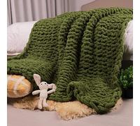 Carriediosa Chunky Knit Throw Blanket 60" X 80" Twin, 100% Hand Made Large Chenille Loop Yarn Soft Fluffy Throws for Couch Sofa Bed, Big Crochet Cozy Heavy Thick Cable Woven Blanket, Olive Green