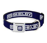 Carroll Shelby Pet Collar, Dog Collar Metal Seatbelt Buckle, Carroll Shelby CS Racing Logo Block Navy White, 13 to 17 Inches 1.5 Inch Wide