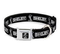 Carroll Shelby Pet Collar, Dog Collar Metal Seatbelt Buckle, Shelby Box Logo and Super Snake Cobra Black White, 9.5 to 13 Inches 1.0 Inch Wide