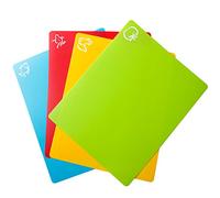 Carrollar Set of 4 Soft Plastic Chopping Boards with Food Icons, BPA Free, Non Porous, Non Slip Backing, Dishwasher Safe