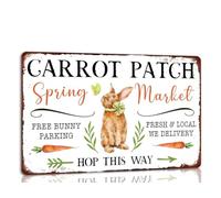 Carrot Patch Spring Market Metal Tin Sign Retro Vintage Easter Sign for Home Cafes Easter Farmhouse Wall Decor Bunny Rabbit Plaque Spring Decor 8x12 Inch