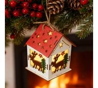 Carroterr Christmas Wooden House Pendant, Hand Carved Detail Warm Light Cottage Pendant Accessory, LED Luminous Wood House Ornaments, for Christmas Party Craft Gift