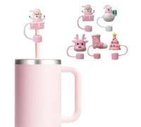 Carroterr Cute Pink Christmas Straw Cover Cap for Stanley Cup, 10mm Dust-Proof Drinking Straw Reusable Straw Tips Lids, Christmas Straw Cover, Santa Claus Christmas Tree Silicone Straw Covers Toppers