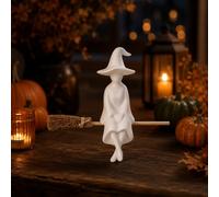 Carroterr White Witch Sitting on Broom Decor, Witch Figurine Shelf Sitter, Halloween Witch Decor for Fireplace Mantel Bookshelf Tiered Tray, Fall Halloween Tabletop Decorations for Home Shelf Mantel