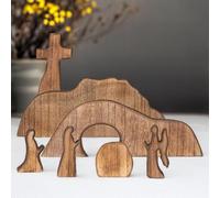 Carroterr Wooden Empty Tomb Easter Scene, Wooden Resurrection Scene Cross & Tomb Tray Set, Rustic Brown Cross Jesus TombTray Set, Christian Religious Easter Decoration for Home Office Tabletop