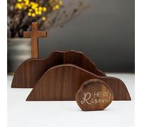 Carroterr Wooden Empty Tomb Easter Scene, Wooden Resurrection Scene Cross & Tomb Tray Set, Rustic Brown Cross Jesus TombTray Set, Christian Religious Easter Decoration for Home Office Tabletop