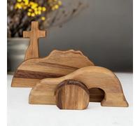 Carroterr Wooden Empty Tomb Easter Scene, Wooden Resurrection Scene Cross & Tomb Tray Set, Rustic Brown Cross Jesus TombTray Set, Christian Religious Easter Decoration for Home Office Tabletop