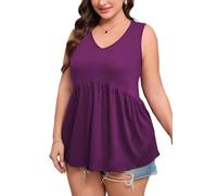 CARROTMOB Women's Plus Size Tank Tops 2025 Sleeveless Pleated V Neck Blouse Casual Loose Fit Summer Tops for Curvy Women, Purple, 1X