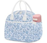Carry bloom Lunch Box for Women, Insulated Lunch Bag Cute Corduroy Lunchbag Reusable Lunchbox for Work (flower blue)