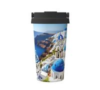 Carry Insulated Coffee Mug Greek Island Sea View Print Insulated Travel Mug Classic Vacuum Office Cups, for Office, Hot & Cold Drinks, Outdoor, 17Oz