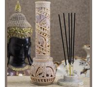 Carry Me Hand Carved Soapstone Incense Stick Holder | Candle Burner | Tea Light Stand. Elephant Jaali Carving Bottle Shape. Decorative Home and Kitchen Decor - (3x3x10.5 Inches)