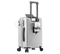Carry on Luggage 4 Wheels Spinner, Airline Approved Suitcase, Hardside Luggage Front Open with USB Charging Port and Cup Holder, Business Travel Vacation (Silver, 20in)