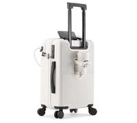 Carry on Luggage 4 Wheels Spinner, Airline Approved Suitcase, Hardside Luggage Front Open with USB Charging Port and Cup Holder, Business Travel Vacation (White, 20in)