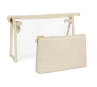 CarryEpic Makeup Bag Set of 2 - Clear PVC Toiletry Bag with Zipper & PU Leather Cosmetic Pouch, Travel Makeup Organizer Bags for Women, Portable Clear PouchLeather Pouch for Purse or Travel, Beige