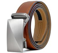 Carrywell Leather Ratchet Belt For Men, Adjustable Belts, Customizable Fit, Casual Dress Belt Jeans, Suits, Not Made In China, Brushed Metal Tan, 32 to 38