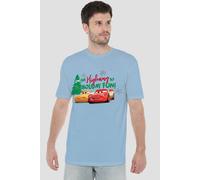Cars Men's Christmas Highway To Holiday Fun Lightning Mcqueen T-Shirt Light Blue | Size: Small Cars Light Blue S
