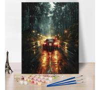Cars on the highway on a rainy night - Paint by Numbers for Adults Beginner, Easy Acrylic Car Adult Paint by Number Kits, Abstract Canvas Painting Kits for Men Women,Home Wall Decor 16x20in Frameless