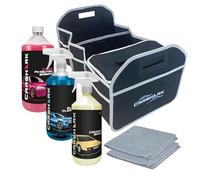 CARSHARK Car Cleaning Kit, Cockpit Shine 1L, Glass Cleaner 1L, Cherry Shampoo 1l, 2 x Microfibre Cloths, Car Boot Organiser Storage Box, 2-in-1