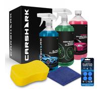CARSHARK Car Cleaning Kit, Gift Set with Cherry Shampoo 1L, Wheel Cleaner 1L, Glass Cleaner 1L, Sponge, Microfibre Cloth, Screenwash Tabs