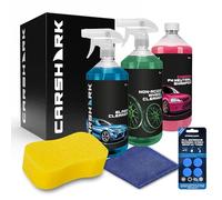 CARSHARK Car Cleaning Kit, Gift Set with Cherry Shampoo 1L, Wheel Cleaner 1L, Glass Cleaner 1L, Sponge, Microfibre Cloth, Screenwash Tabs