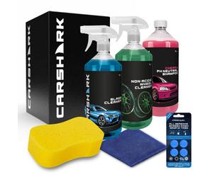 Carshark Car Cleaning Kit, Gift Set With Cherry Shampoo 1L, Wheel Cleaner 1L, Glass Cleaner 1L, Sponge, Microfibre Cloth, Screenwa