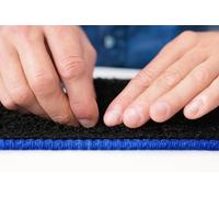 Carsio Carpet Van Cab Mats For Ford Transit Electric Van 2022+ Tailored Fit Floor Mat Set Complete Accessory Black Custom Fitted - All Weather, Anti-Slip Backing & Blue Trim