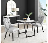 Carson White Marble Effect Square Dining Table and 2 Belgravia Black Leg Chairs - Grey